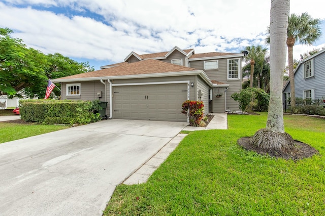 view of property with a garage and a front lawn