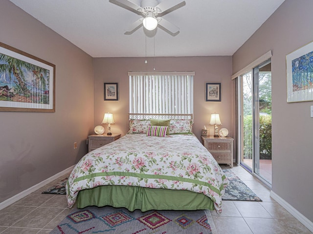 tiled bedroom featuring access to outside, ceiling fan, and baseboards