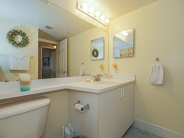 bathroom with toilet, baseboards, visible vents, and vanity