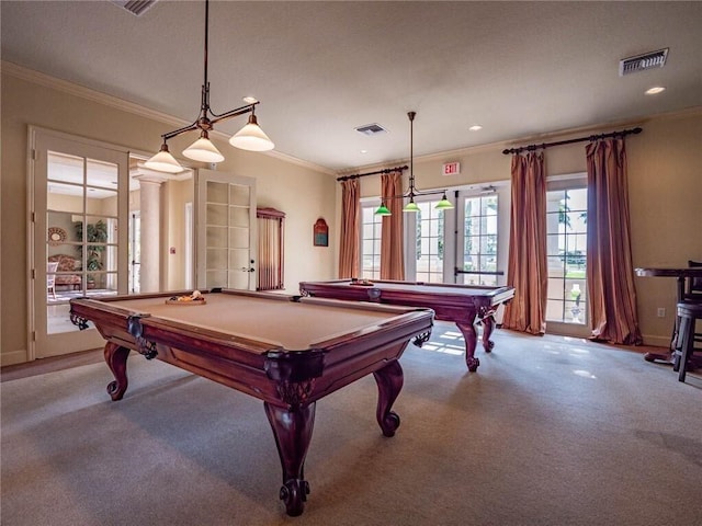 recreation room with carpet floors, visible vents, ornamental molding, and billiards