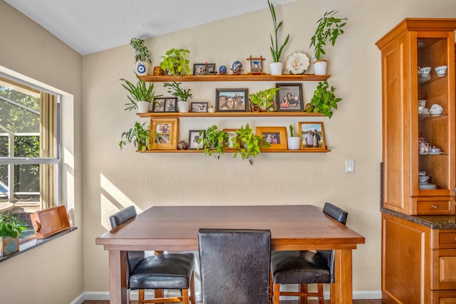 dining room featuring a textured ceiling and vaulted ceiling