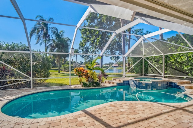 view of swimming pool with a lanai, a water view, and an in ground hot tub