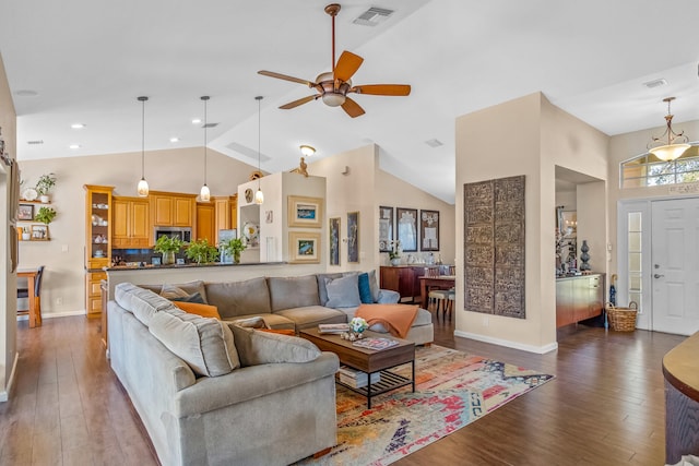 living room featuring high vaulted ceiling, ceiling fan, and dark wood-type flooring