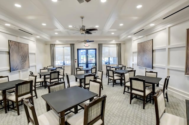 dining space featuring coffered ceiling, ceiling fan, and french doors