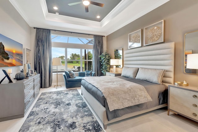 tiled bedroom featuring a raised ceiling, ceiling fan, and crown molding