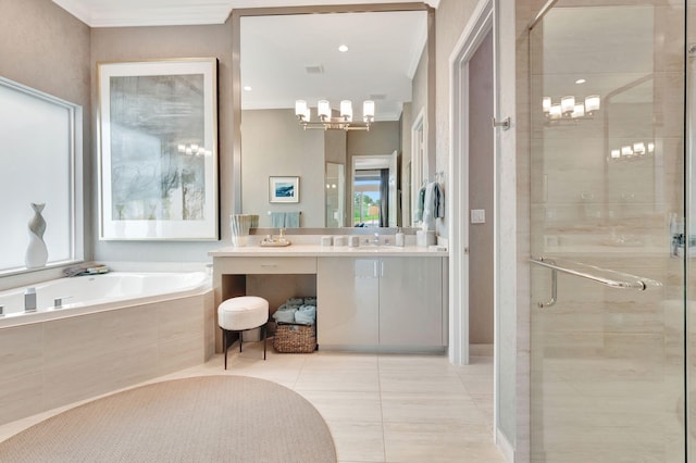 bathroom with tile patterned floors, vanity, separate shower and tub, and ornamental molding