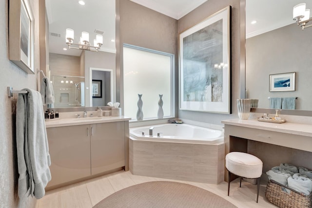 bathroom with tile patterned flooring, vanity, crown molding, and shower with separate bathtub