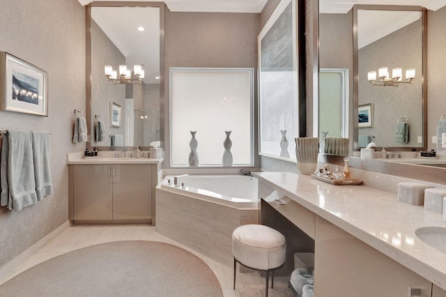 bathroom with tiled bath, crown molding, tile patterned flooring, and vanity