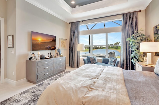 tiled bedroom with a raised ceiling and ornamental molding