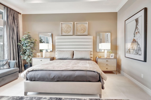 tiled bedroom with ornamental molding