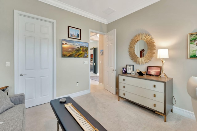 exercise area with crown molding and light colored carpet