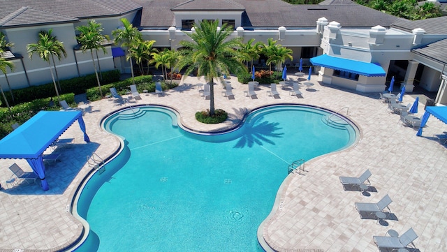 view of swimming pool featuring a patio area