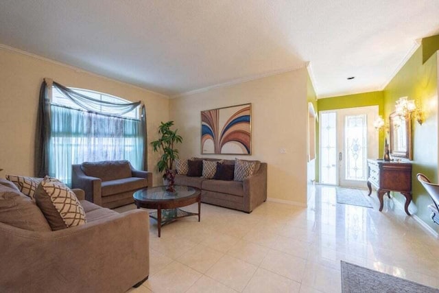 living room featuring crown molding and a healthy amount of sunlight