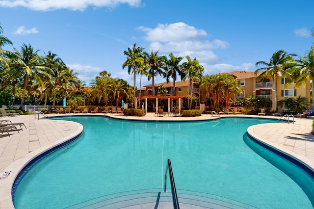 view of swimming pool featuring a patio area