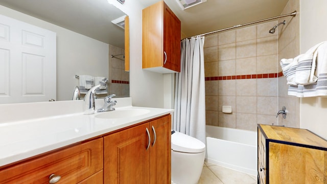 full bathroom with tile patterned floors, vanity, shower / bath combination with curtain, and toilet