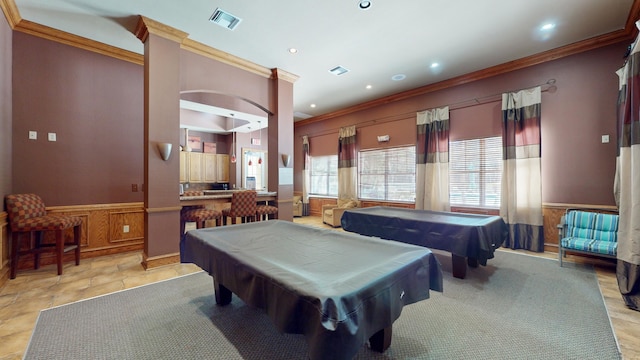 recreation room with crown molding and pool table