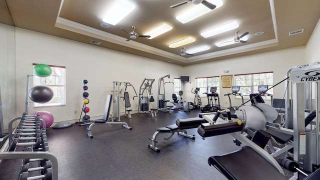 exercise room with ceiling fan, crown molding, and a tray ceiling