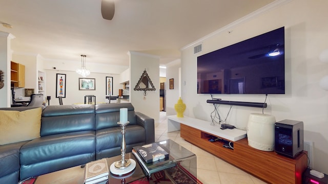 tiled living room featuring crown molding