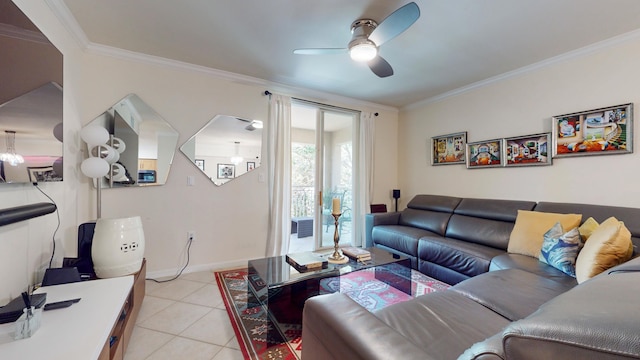 tiled living room with ceiling fan and ornamental molding