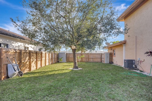 view of yard with central air condition unit and a fenced backyard