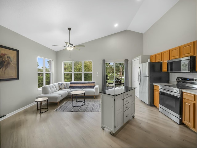 kitchen with appliances with stainless steel finishes, lofted ceiling, light hardwood / wood-style flooring, and a healthy amount of sunlight