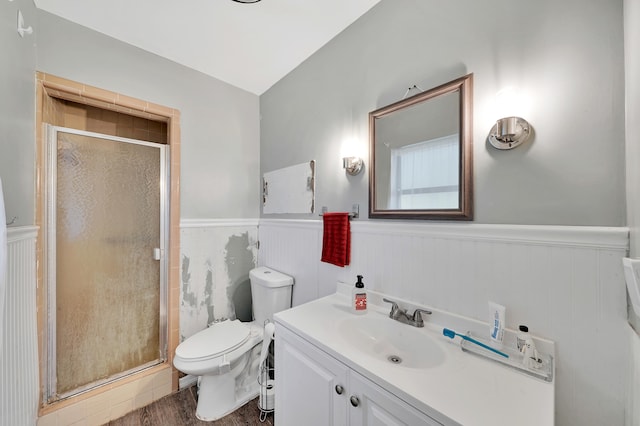 bathroom featuring toilet, vanity, wood-type flooring, and walk in shower