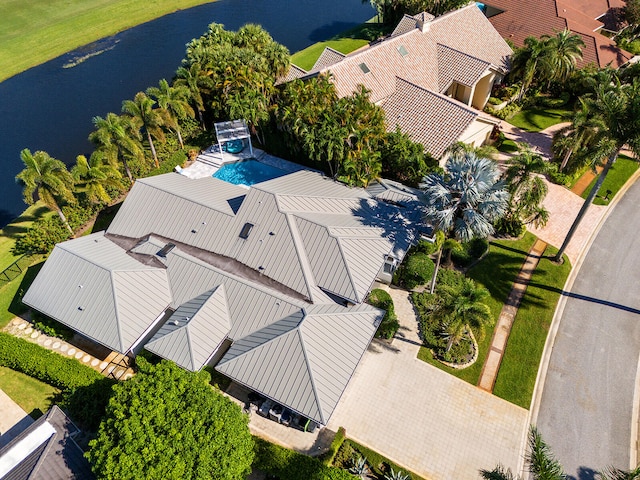 drone / aerial view with a water view