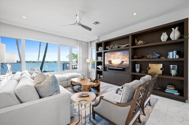 living room with ceiling fan