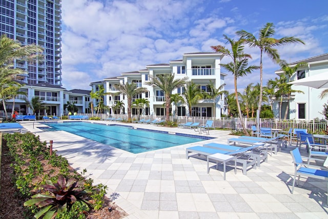 view of swimming pool featuring a patio