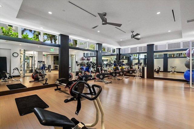 exercise room featuring ceiling fan, a raised ceiling, and light wood-type flooring