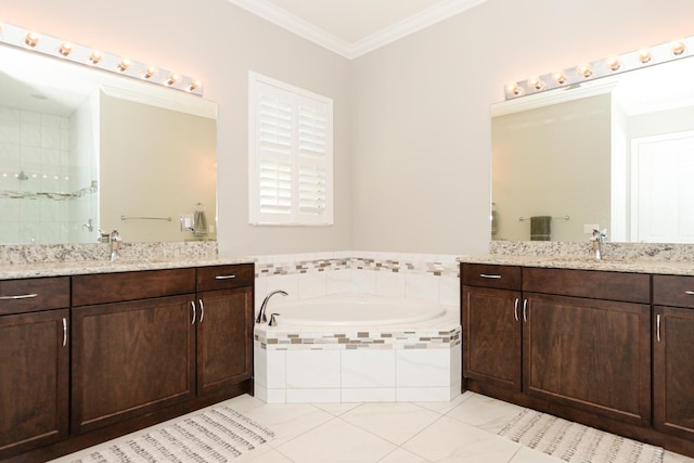 bathroom featuring tile patterned floors, vanity, independent shower and bath, and ornamental molding