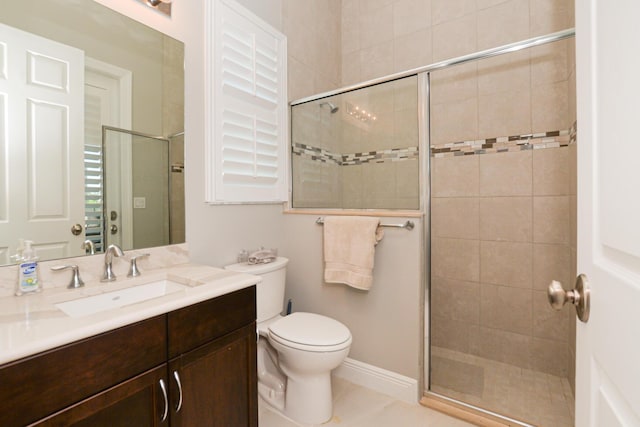 bathroom with tile patterned flooring, a shower with door, vanity, and toilet