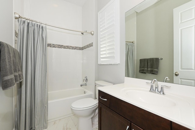 full bathroom with vanity, shower / bath combination with curtain, and toilet