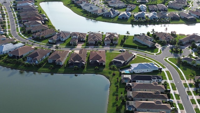 drone / aerial view featuring a water view