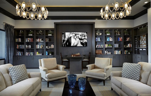 living area featuring crown molding and a chandelier