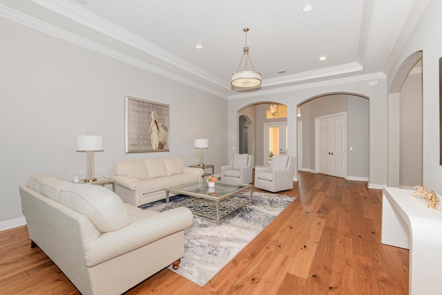 living room with light hardwood / wood-style floors, a tray ceiling, and ornamental molding