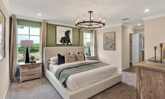 bedroom with a chandelier, carpet flooring, visible vents, baseboards, and ornamental molding