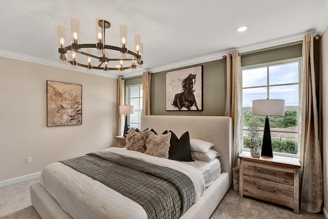 bedroom featuring ornamental molding, carpet flooring, baseboards, and multiple windows