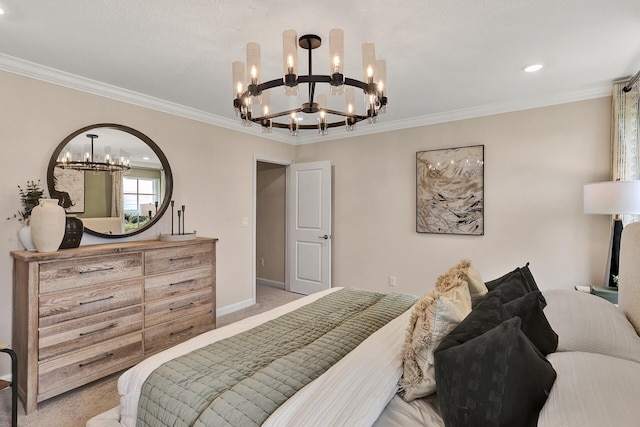 carpeted bedroom featuring baseboards, a notable chandelier, and crown molding