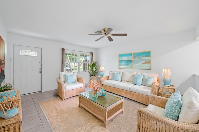 tiled living room featuring ceiling fan