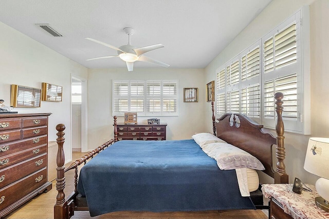 bedroom featuring ceiling fan and light hardwood / wood-style flooring