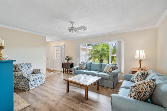 living room featuring wood-type flooring, a textured ceiling, ceiling fan, and ornamental molding