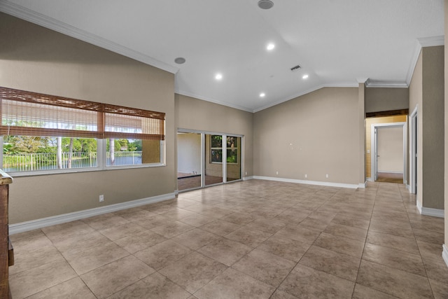 interior space with crown molding, light tile patterned floors, and lofted ceiling