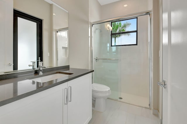 bathroom with vanity, toilet, and a shower with shower door