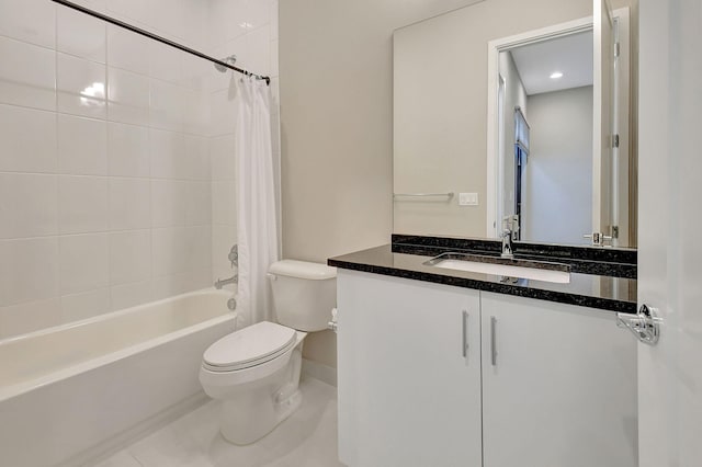 full bathroom featuring toilet, vanity, shower / tub combo with curtain, and tile patterned flooring