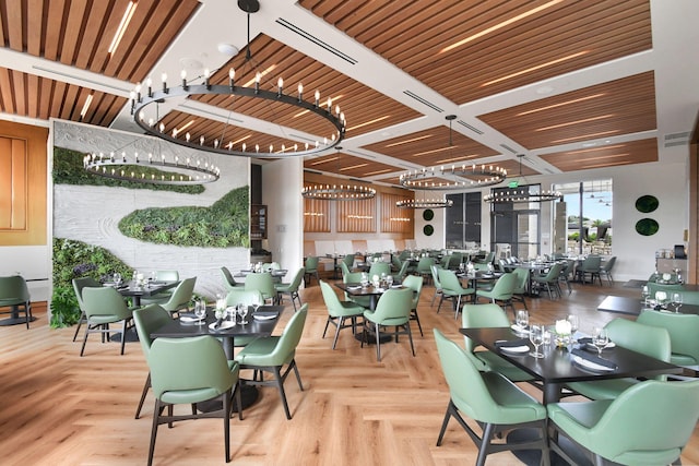 dining space with parquet flooring and wooden ceiling