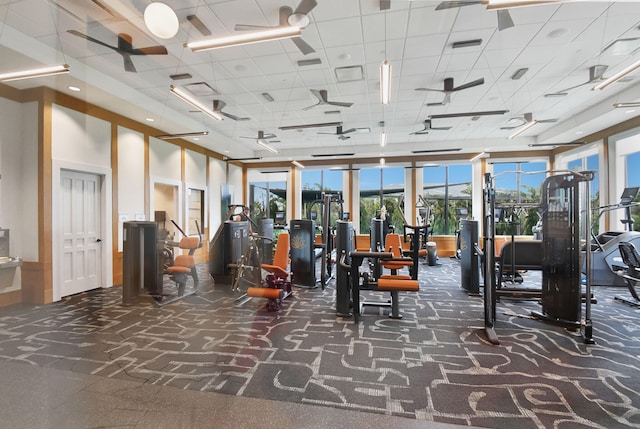 exercise room featuring dark carpet and a drop ceiling