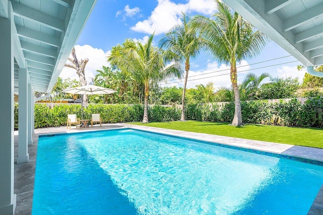 view of swimming pool with a yard