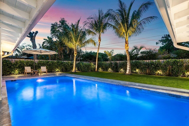 pool at dusk featuring a lawn