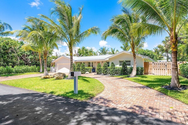 single story home with a garage and a front yard